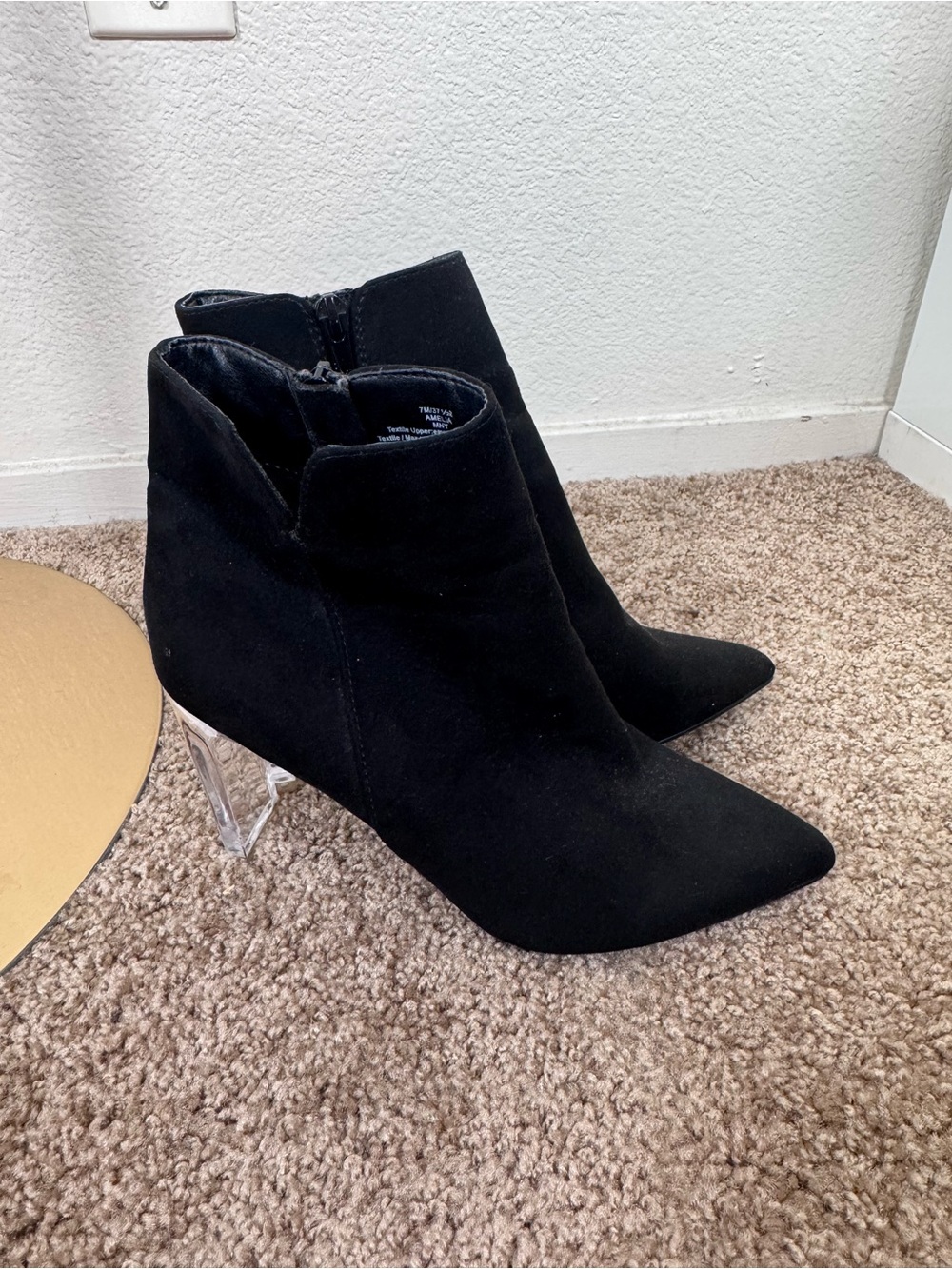 Marc New York Black Pointed Suede Ankle Boots with Clear Block Heel